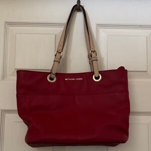 Michael Kors Cherry Red Tote with Tan Straps